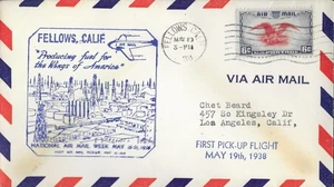 Brief 19. Mai 1938, Nationale Luftpostwoche, Fellows CA Stempel - Bild 1 von 1