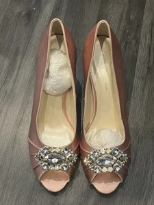 Paradox London Pink Blush Satin Diamonte Brooch Peep Toe Stiletto Shoes size 6 - Picture 1 of 9