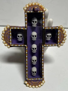 Nicho Mexicano Skull Day Of The Dead Mexican Shadow Box Hanging Cross - Picture 1 of 5