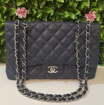 Chanel Dark Navy Perforated Lambskin Jumbo Classic Flap Shoulder Crossbody Bag  - Image 1 of 4