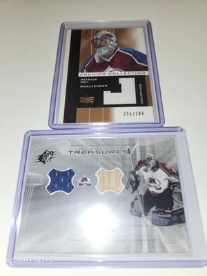 Patrick Roy Game Used Memorabilia 2 Card Lot- UD SPx Dual,  UD Premier/299 - Image 1 of 4