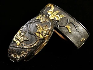 Muromachi período Japón antiguo mino escuela Paulownia Fuchi Kashira sin caja  - Imagen 1 de 9