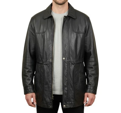 Chaqueta de Campo de Cuero Wilsons Para Hombres Años 90 Parka de Carga Negra Aislante Mediana Motociclista De Colección Foto 1 de 4