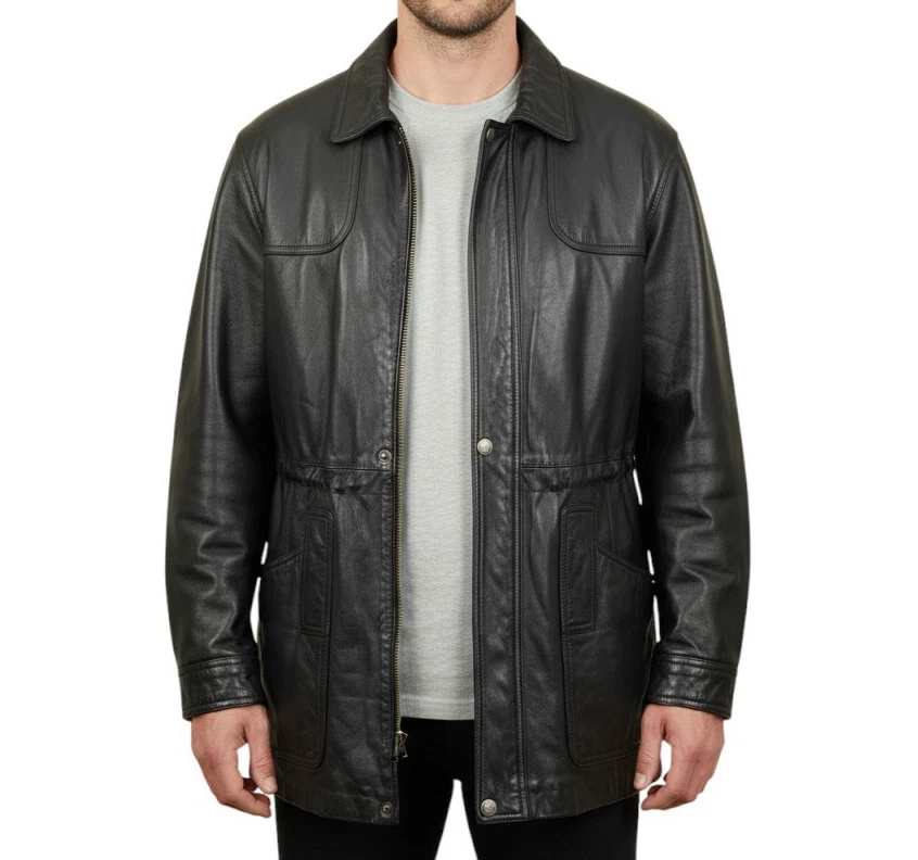 Chaqueta de Campo de Cuero Wilsons Para Hombres Años 90 Parka de Carga Negra Aislante Mediana Motociclista De Colección Foto 1 de 4