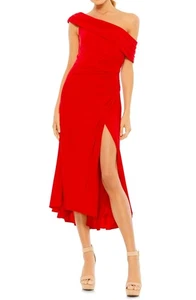 Ieena Mac Duggal 26484 Foldover Ruched One-Shoulder Chiffon Midi Dress SZ 8 Red - Picture 1 of 2