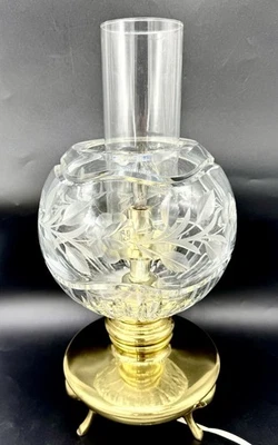 Vintage Brass Footed Accent Parlor Lamp w/ Crystal Etched Rose Round Glass Shade - Image 1 of 4