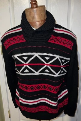 Chaps Shawl Neck Sweater Mens Large Geometric Pattern Heavy Knit Ralph Lauren - Image 1 of 4
