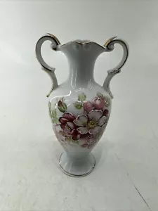 Porcelain Signed Renee~ Painted Floral Double Handled Vase, 8" B023 - Picture 1 of 10