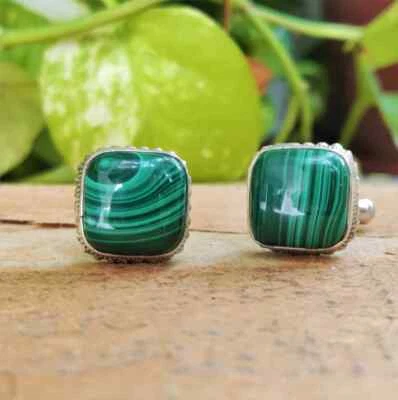 Запонки ручной работы из стерлингового серебра 925 пробы с зеленым малахитом - Изображение 1 из 4