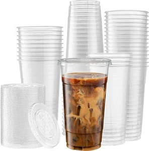 100 Set 32oz Clear Plastic Cups with lids - Picture 1 of 7