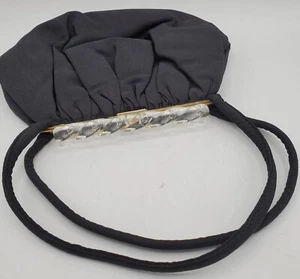 Art Deco Purse Lucite Clasp Vintage Black Silk Satin Gold Frame Double Handle 9" - Picture 1 of 14