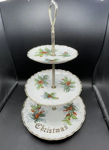 Serving Tray 3 Tier Norcrest Fine China Christmas Holly & Berries - Picture 1 of 13