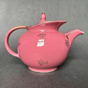 HALL CHINA Gold Roses on Pink Windshield 6 cup Teapot Dusty Rose 0694 - Picture 1 of 10