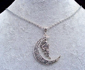 Tibetan Silver Filigree Crescent Moon Dragon Pendant Necklace. Handmade - Picture 1 of 7