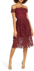 Chi Chi London Burgundy Lace Floral Midi Dress Off Shoulder Design Womens Size S - Picture 1 of 9