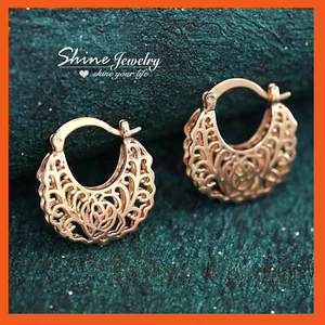 Antique Style 9K Rose GOLD Filled Filigree Basket HOOP LADY Dress DANGLE EARRING - Picture 1 of 6