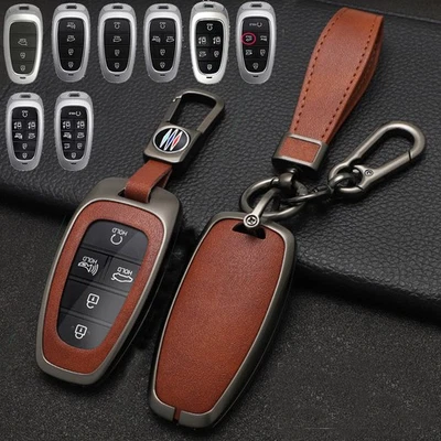 Metal Leather Car Key Fob Case Cover For Hyundai Tucson Sonata IONIQ 5 Santa Fe - Image 1 of 4