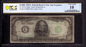1934 A $1000 FEDERAL RESERVE NOTE CURRENCY SAN FRANCISCO PCGS B VERY GOOD VG 10 - Picture 1 of 4