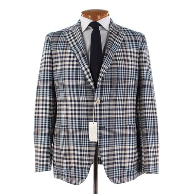 Belvest NWT Wool Blend Sport Coat Size 50R (40R US) In Blues/White/Beige Plaid - Image 1 of 4