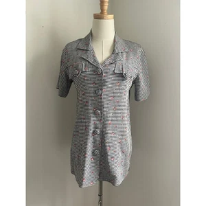 Gingham Floral Kurzarm Button Down Bluse Top, 90er Vintage Old Money Chic - Bild 1 von 5