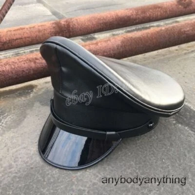 New Men Faux Leather Black Police New Military Army Muir Biker Peaked Caps Hat - Image 1 of 4