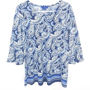 Apt. 9 Women's Size M Blue White Paisley Scoop Neck Long Sleeve Stretch Blouse - Picture 1 of 9