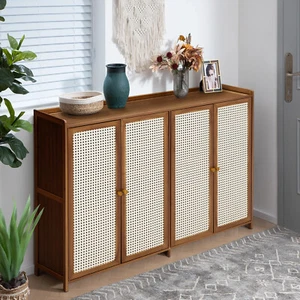 Large Storage Cupboard Unit Shoe Storage Rack Shelf Rattan Doors Shoe Cabinet - Picture 1 of 17