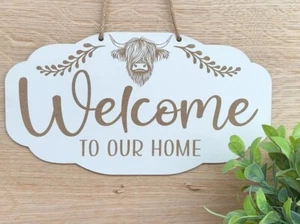Highland Cow Welcome To Our Home Hanging Wall Door Plaque Decorative Sign White - Picture 1 of 1