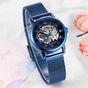 Luxury Forsining Watch Womens Manual Mechanical Wristwatch Black/Blue Steel Band - Picture 1 of 13