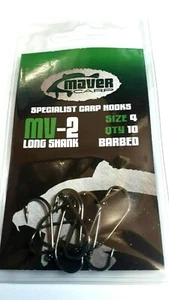 10 PCS NEW MAVER CARP SPECIALIST Size 4 BARBED MV-2 LONG SHANK HOOKS FISHING - Picture 1 of 3