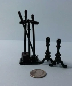 Dollhouse Miniature Classics Black Fireplace Tools Set w Andirons  1:12 - Picture 1 of 5