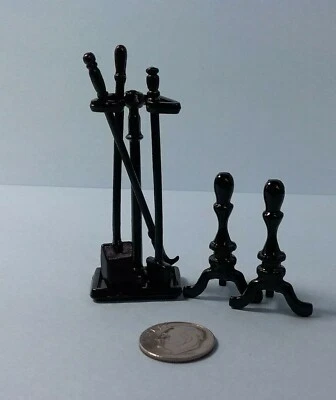 Dollhouse Miniature Classics Black Fireplace Tools Set w Andirons  1:12 - Image 1 of 4