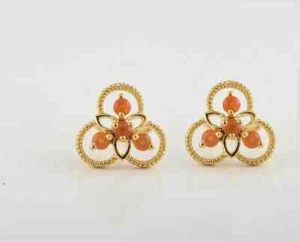 Natural Orange Carnelian Gemstone Flower Stud Earrings 14k Gold Plated Silver - Bild 1 von 2