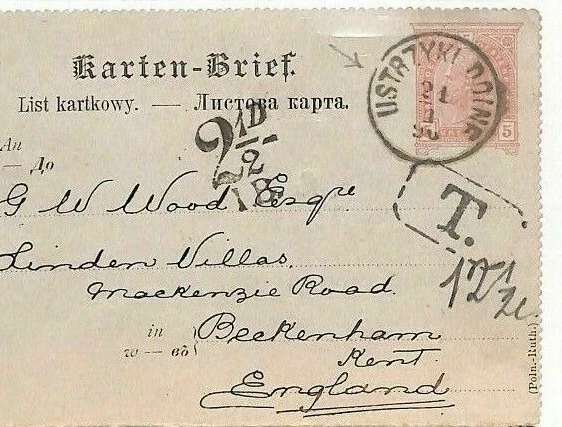 POLAND 1896 Austria Letter-Card *Ustrzyki Dolne*CDS Carpathia TAX Underpaid BA60 - Image 1 of 4