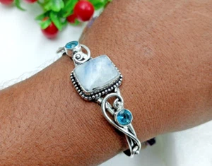 925 Sterling Silver Moonstone& Topaz Gemstone Handmade Jewelry Bracelet - Picture 1 of 5