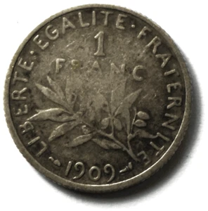 1909 France Silver One Franc Coin KM# 844.1 - Picture 1 of 2