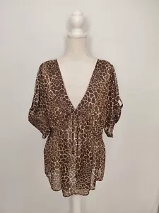 Anne Klein Brown Sheer Animal Print Top Drawstring Waist Women's XL - Picture 1 of 10