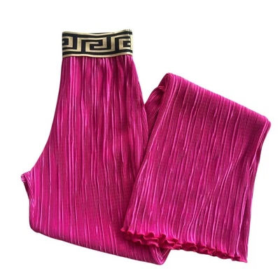 LV LuxyVogue Women S Pink Pleated Wide Leg Gold Greek Key Stretch Waistband Pant - Image 1 of 4