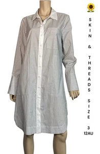 🌻SKIN & THREADS SIZE 3 /12 AU WHITE GREY STRIPED SHIRT STYLE COTTON DRESS - Picture 1 of 11