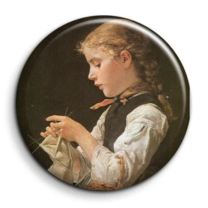 Jeune fille tricotant 1884 - Anker Albert - Badge 38mm Button Pin - Imagen 1 de 5