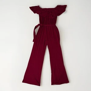 LOVE schulterfreier Jumpsuit mit weitem Bein weinrot Gr. L Rüschen Bindegürtel - Bild 1 von 9