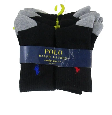 NWT Polo Ralph Lauren Boys Athletic Crew Socks 6-Pack 4-7 Black/Multi - Image 1 of 2