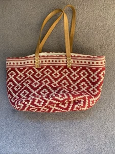 John Lewis Jute Blend Beach/Holiday Bag Red/Natural Faux Leather Shoulder Straps - Picture 1 of 13