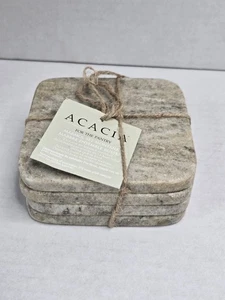 Marble Coaster Set Tan Beige Neutral Natural Stone Minimalist Square Barware  - Picture 1 of 4