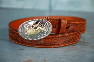 Nocona Kids 20" Belt Western Leather Bull Rider Two Tone Metal Oval Buckle - Picture 1 of 10