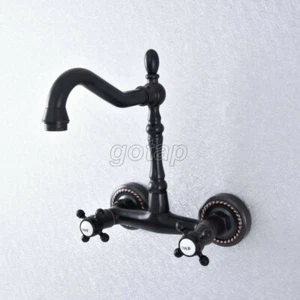 Oil Rubbed Bronze Bathroom Basin Sink Faucet Dual Handles Mixer Tap Wall Mount - Picture 1 of 7