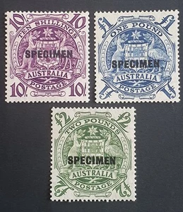 1949-50 Australia Stamps x3. 10/, £1 & £2. SPECIMEN o/p. Mint - hinge traces. - Picture 1 of 2