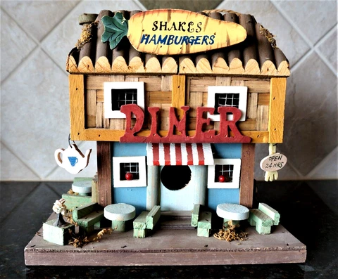 Diner Bird House, handmade outdoor dining tables & chairs, teapot + carrot sign Cover