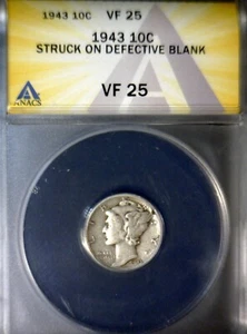1943 ERROR ANACS VF25 Defective Blank Cracked Planchet Silver Mercury Dime Coin - Picture 1 of 10