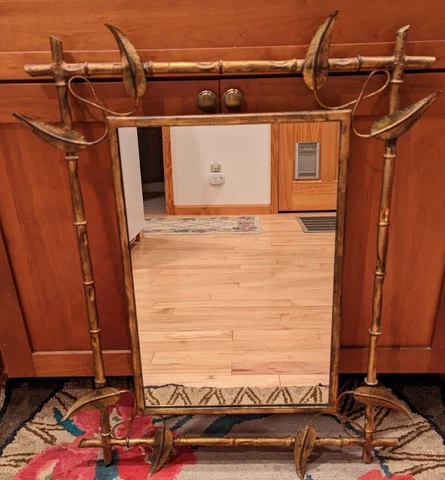 Large Vintage La Barge Painted Iron & Tole Mirror With Bamboo & Leaf Motiff Cover